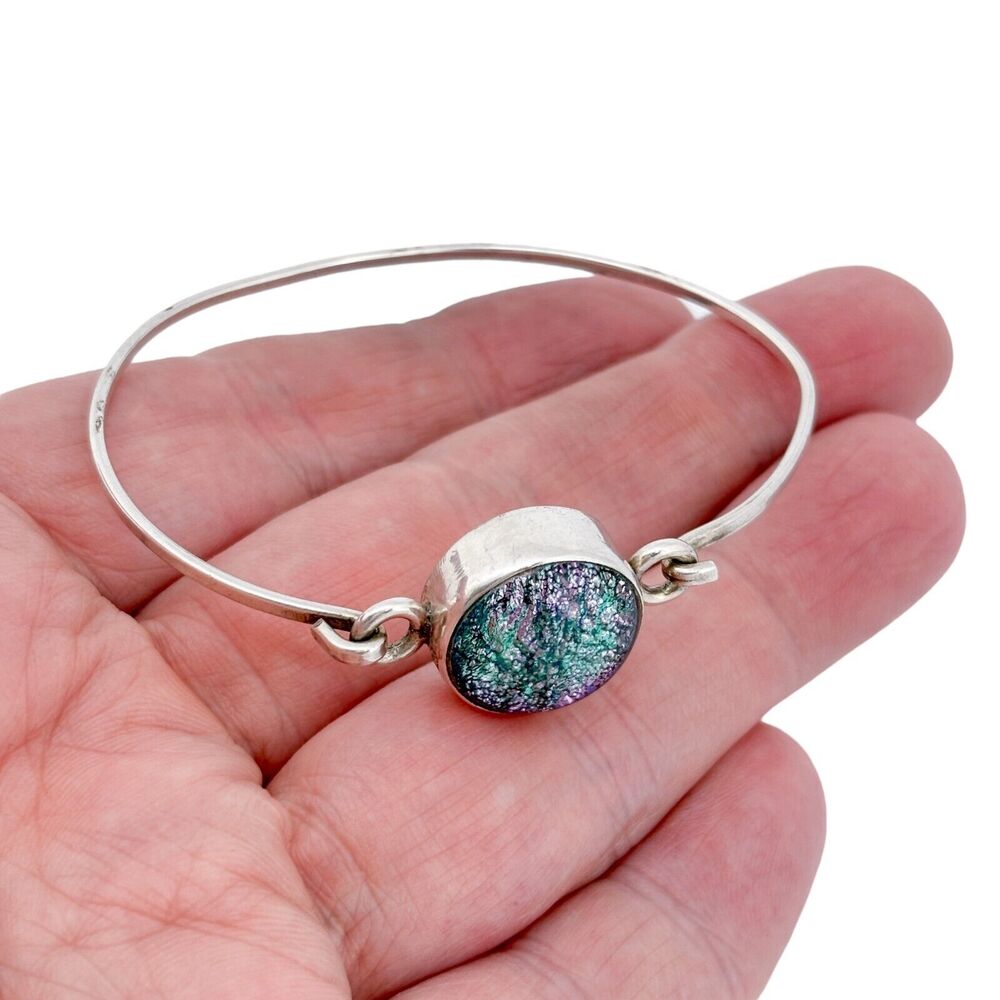 Vintage Sterling Silver 925 Purple Dichroic Glass Bangle Bracelet 6.5"